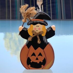 Kitschy Witch and Jack-O-Lantern Wooden Colorful Halloween Table Decoration
